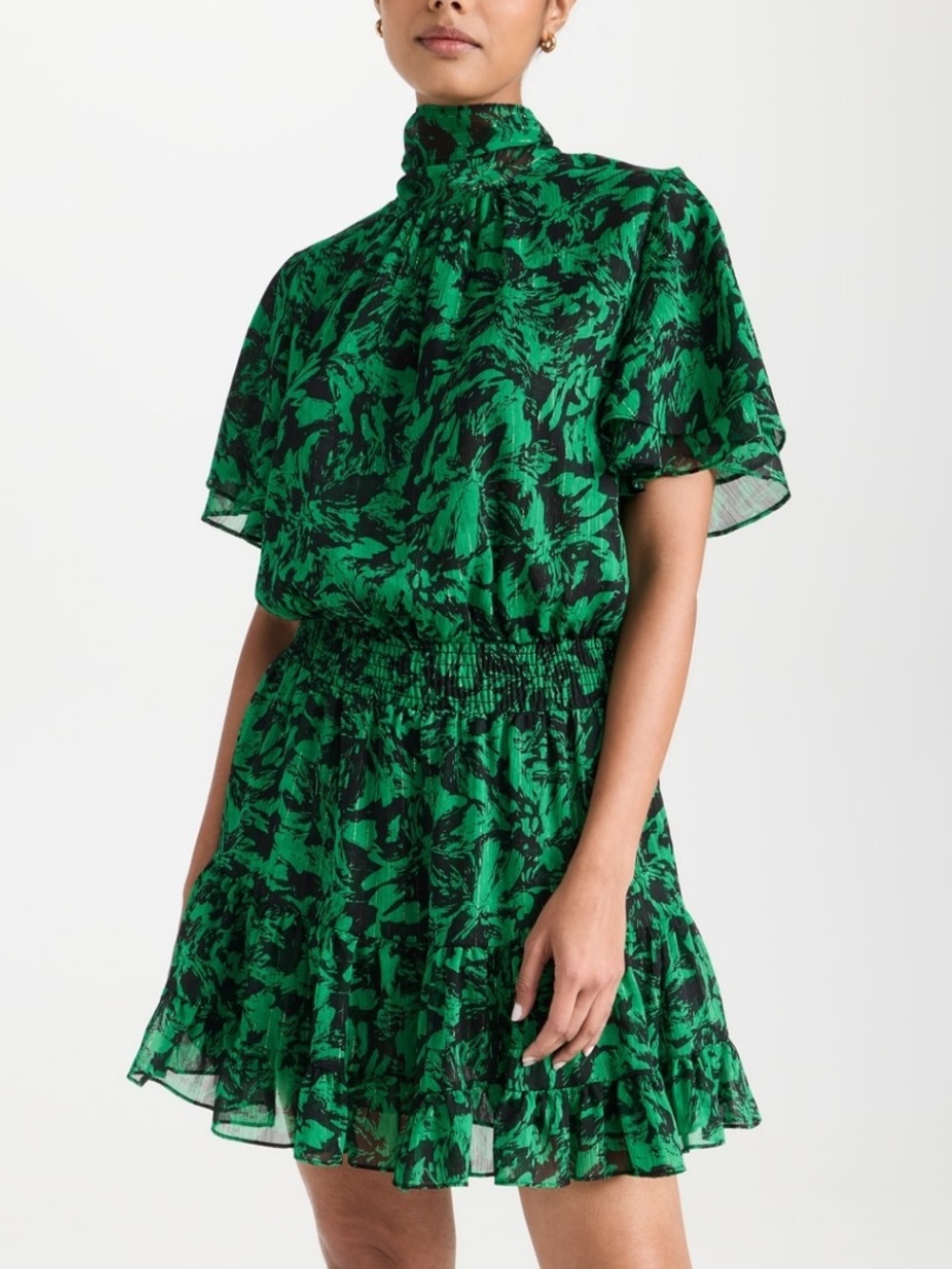 Misa Los Angeles Saffie Green & Black Smocked Tie-Neck Ruffled Mini Dress Medium